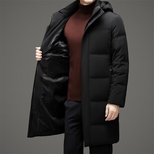 冬季男式长款羽绒服外套中年商务休闲纯色连帽加厚防寒服高端男装