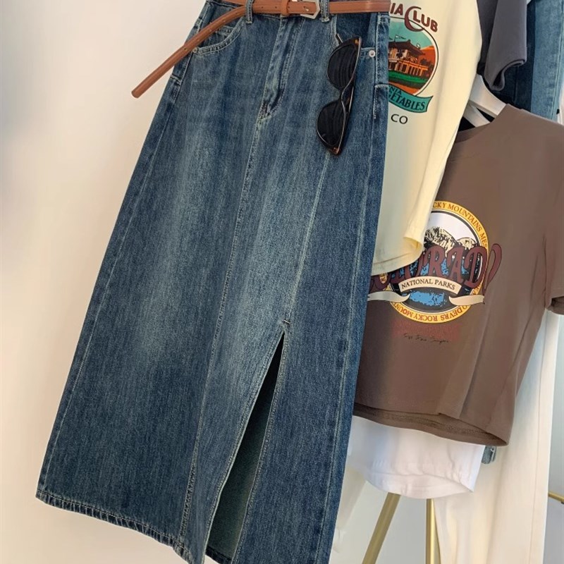 大码胖妹妹复古牛仔半身裙女夏季高腰长款开叉设计感小众包臀裙子