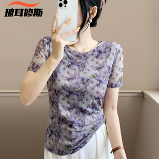 显瘦洋气上衣 小个子圆领网纱印花蕾丝上衣女夏季 柔软时尚 短袖 修身