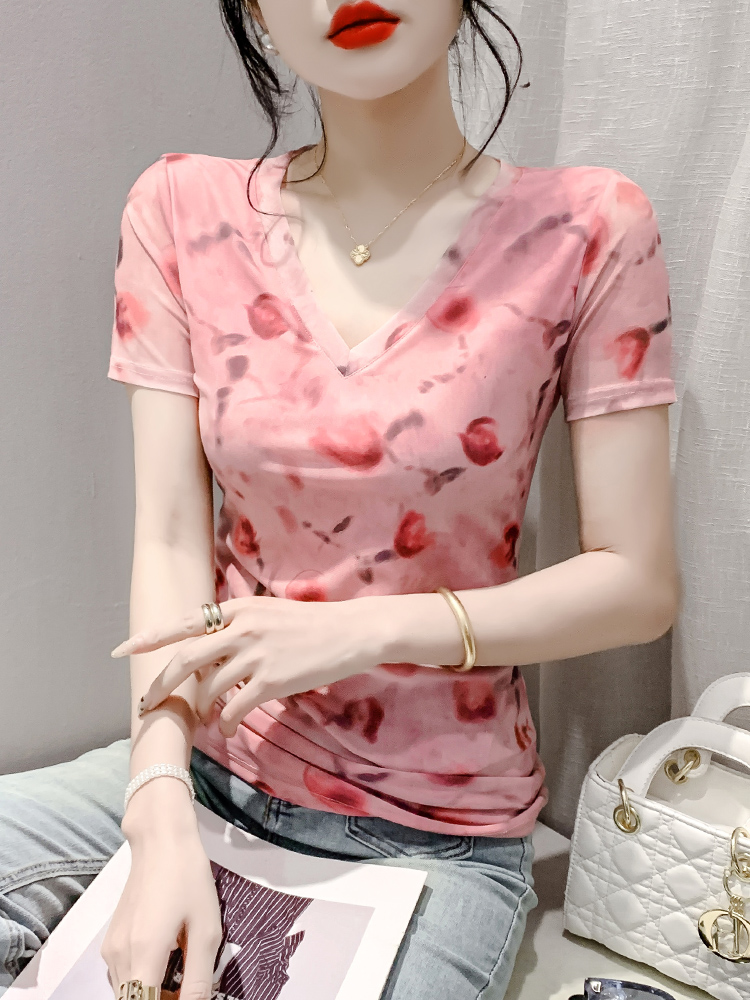 夏季气质V领短袖T恤女大码修身高端碎花网纱上衣收腰减龄洋气小衫