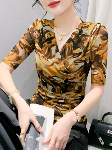 气质交叉V领短袖T恤女网纱上衣