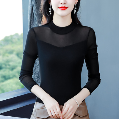 加绒加厚打底衫黑色网纱长袖T恤