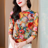 潮 T恤女洋气花色网纱上衣妈妈气质内搭打底衫 秋冬新款 半高领长袖