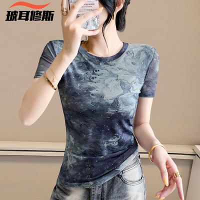 圆领夏季短袖蕾丝印花T恤女薄款修身显瘦大码百搭打底衫高端上衣