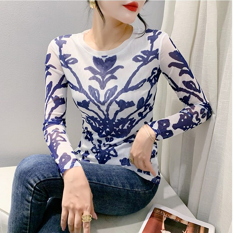高端精致时尚青花瓷印花长袖网纱t恤女春季潮流百搭时髦妈妈上衣,女装/女士精品,蕾丝衫/雪纺衫,淘宝优惠券,粉丝福利购,淘宝优惠卷