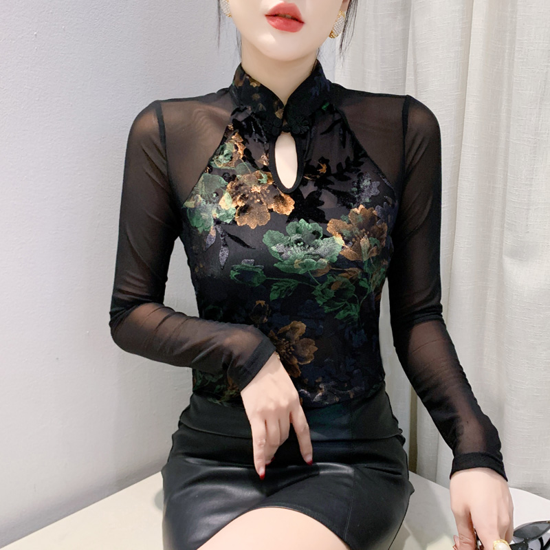 新中式盘扣打底衫女加绒长袖纱衣