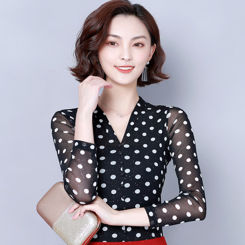 秋装新款网纱打底衫T恤波点印花