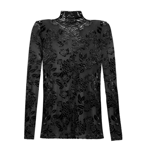 高贵金丝绒打底衫女加绒加厚半高领上衣内搭蕾丝烧花网纱长袖T恤