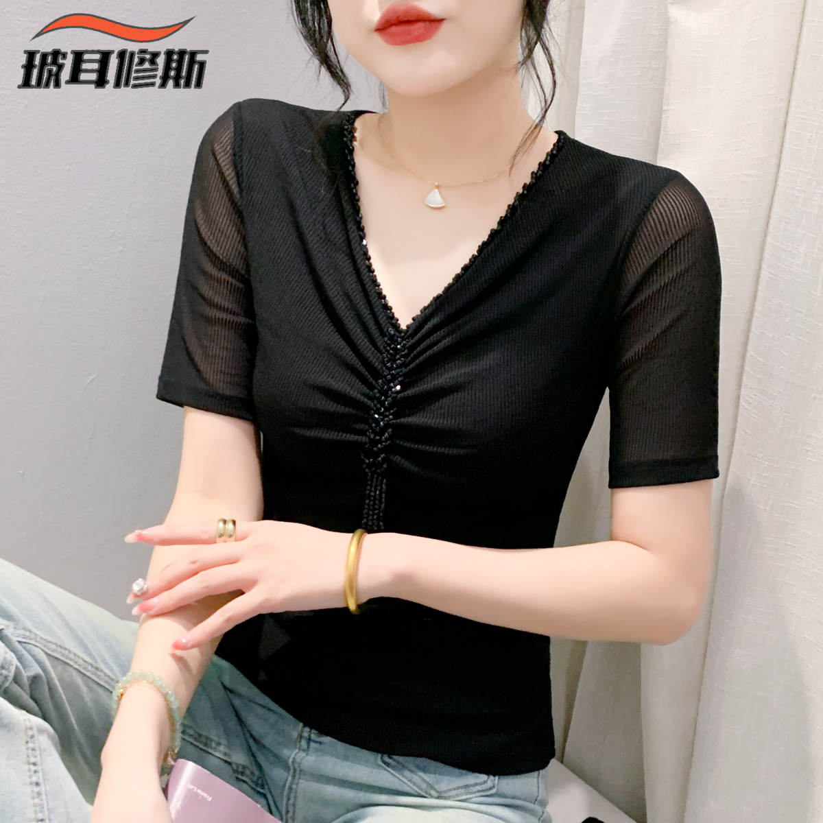 夏季V领短袖T恤女大码网纱上衣