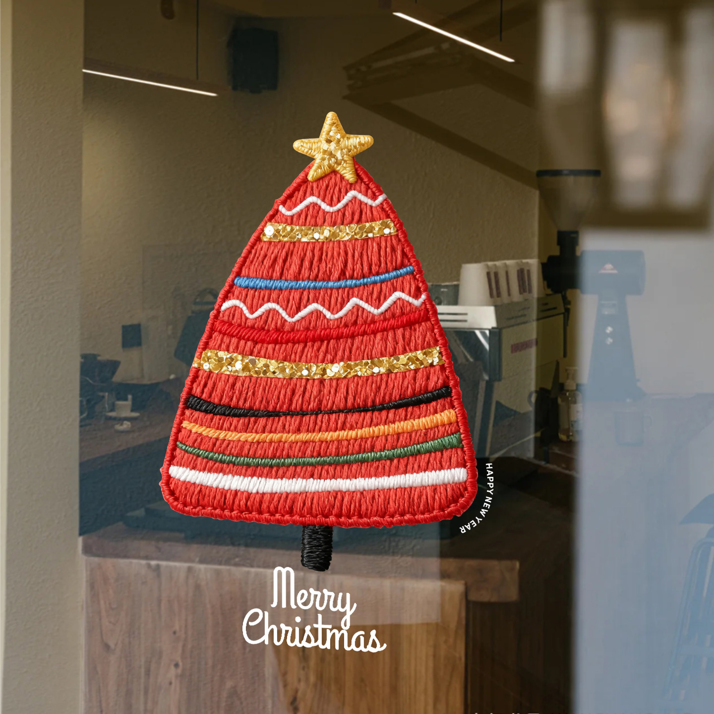 圣诞节橱窗布艺拼接圣诞树玻璃贴纸场景布置商场店铺窗户静电贴纸