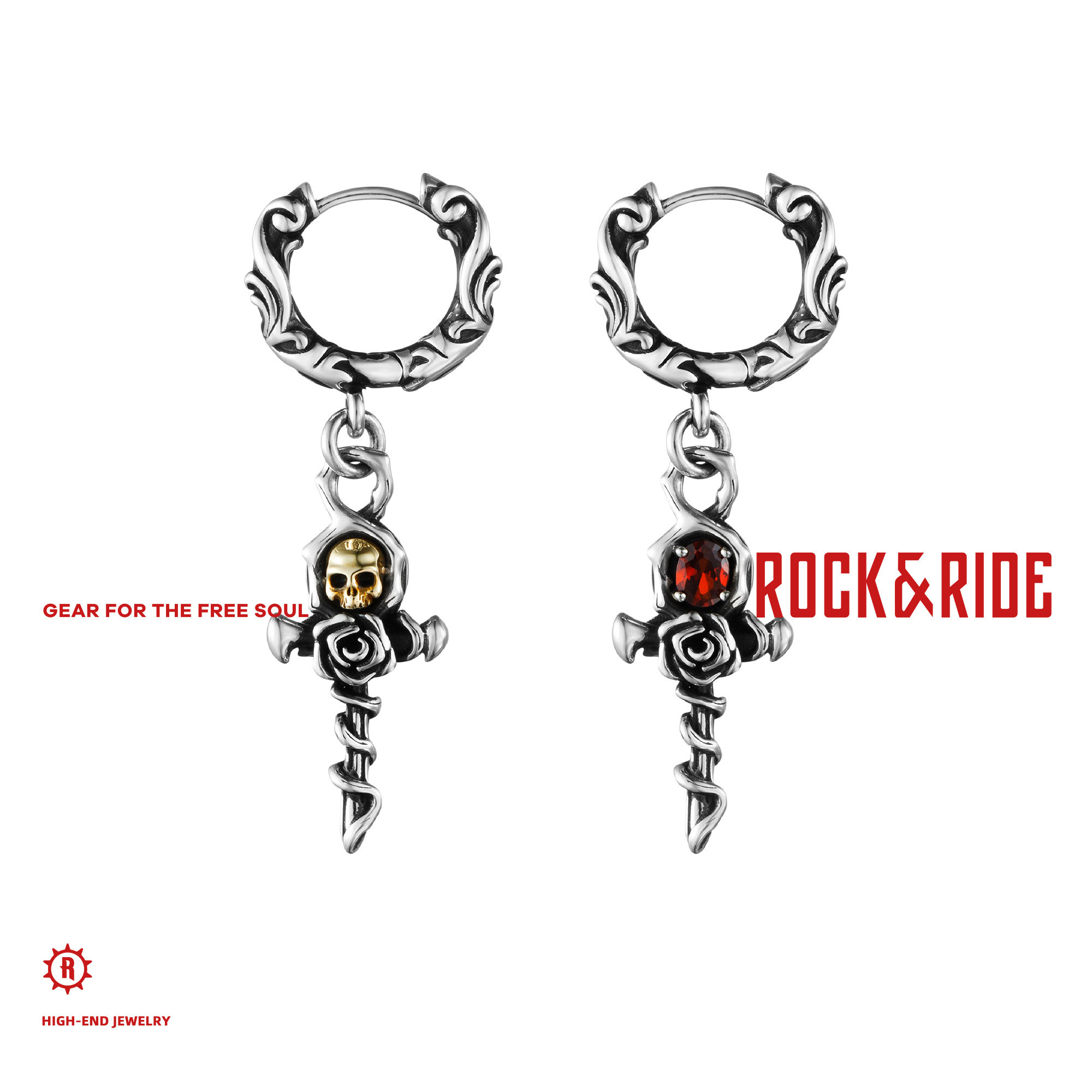 ROCKRIDE金色骷髅玫瑰花耳坠纯银