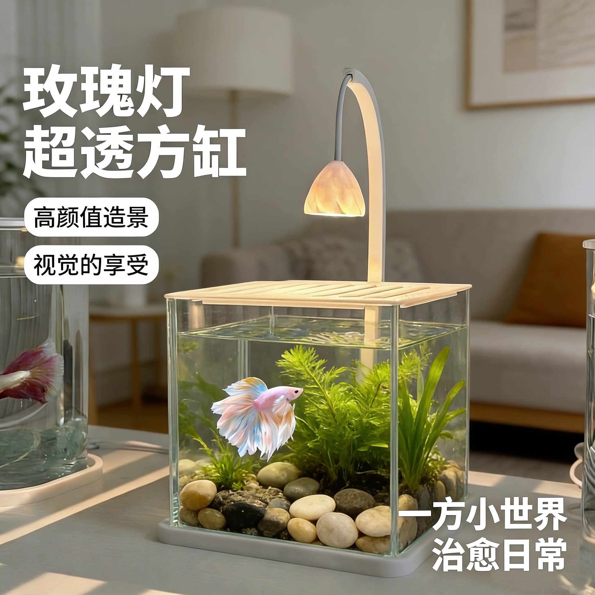 网红玫瑰灯鱼缸亚克力小型家用客厅天使鱼桌面观赏鱼缸带灯款整套