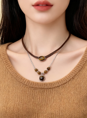 复古皮革虎眼石项链气质