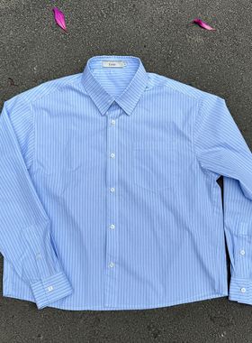 Erole 60支纯棉轻薄编织条纹衬衫短宽高知风慵懒松弛蓝色百搭衬衣