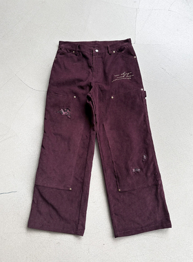 Erole “绘章”刺绣酒红豹纹补丁灯芯绒b01复古工装裤双膝伐木裤