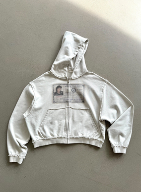 Erole Michael Jackson迈克杰克逊护照印花毛边做旧拉链帽衫卫衣