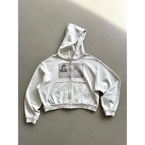 MJ护照印花全毛边做旧拉链帽衫