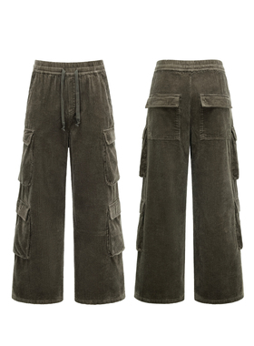 Erole 24AW定染水洗做旧风琴口袋直筒阔腿cargo灯芯绒工装裤长裤