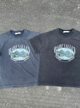 Erole 230g阿苏特染水洗做旧破坏做旧数码直喷印花短袖T恤