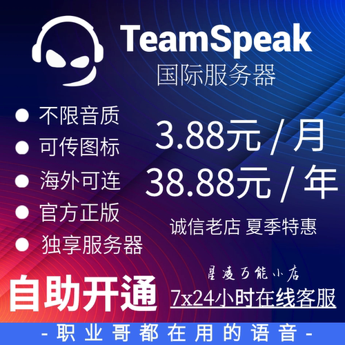 TeamSpeak3 国际版 TS服务器购买租用开黑低延迟语音支持ts3/ts5