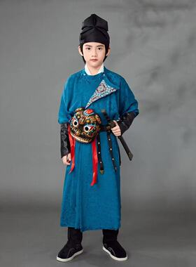 男童汉服唐朝男宝侠客风圆领长袍古装侍卫服演出服蓝色飞鱼锦衣卫