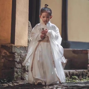 儿童古装汉服男童魏晋风书生武侠风仙侠剑客演出服战国袍白色国学