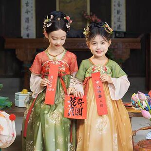 汉服女童半臂假两件望月花焰刺绣襦裙国风复原连衣裙中秋灯会表演