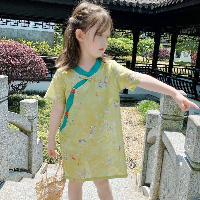 女童轻薄棉质短袖旗袍儿童宝宝改良中国风连衣裙2024新款夏透气