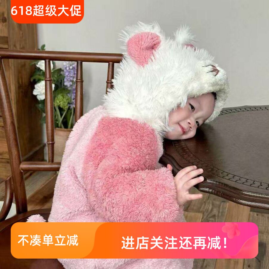 小猫女宝宝爬爬服冬季儿童加绒连体衣睡衣女童珊瑚绒婴幼儿家居服