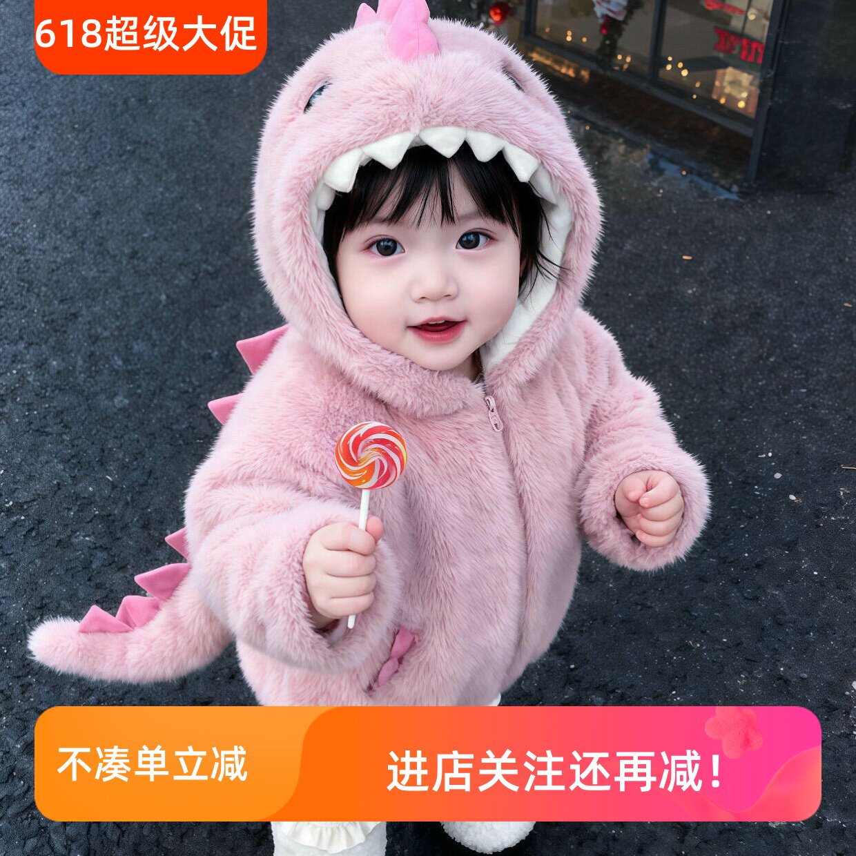 女童粉色恐龙外套秋冬加绒保暖连帽毛毛衣外出日常家居服哈衣抱服
