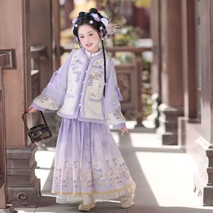 蝶语汉服女童冬季加绒加厚上袄印花马面裙拜年服古风日常可穿紫色