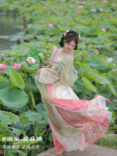 高端春夏女士汉服轻薄透气亲子装母女装唐代襦裙套装荷花摄影少女