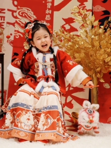 红红火火迎财神 女童汉服刺绣红色拜年服加绒冬季女孩龙年马面裙