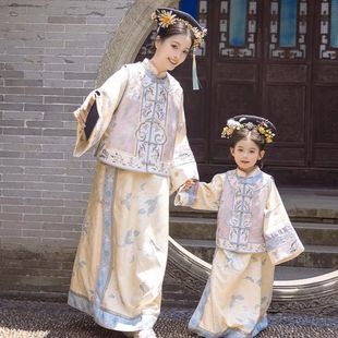 玉棠春中式风亲子装宫廷对襟马甲立领旗袍两件套母女装清汉格格服