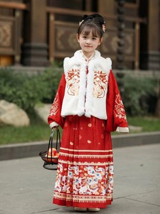 女童汉服宋制三件套比甲马面裙马甲红色年服明代女儿红色秋冬新款
