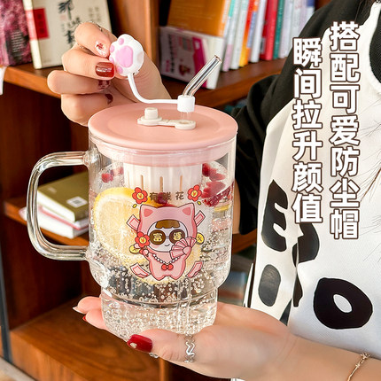 新款玻璃杯女带吸管杯子大容量把手冰霸杯家用耐热办公室泡茶水杯