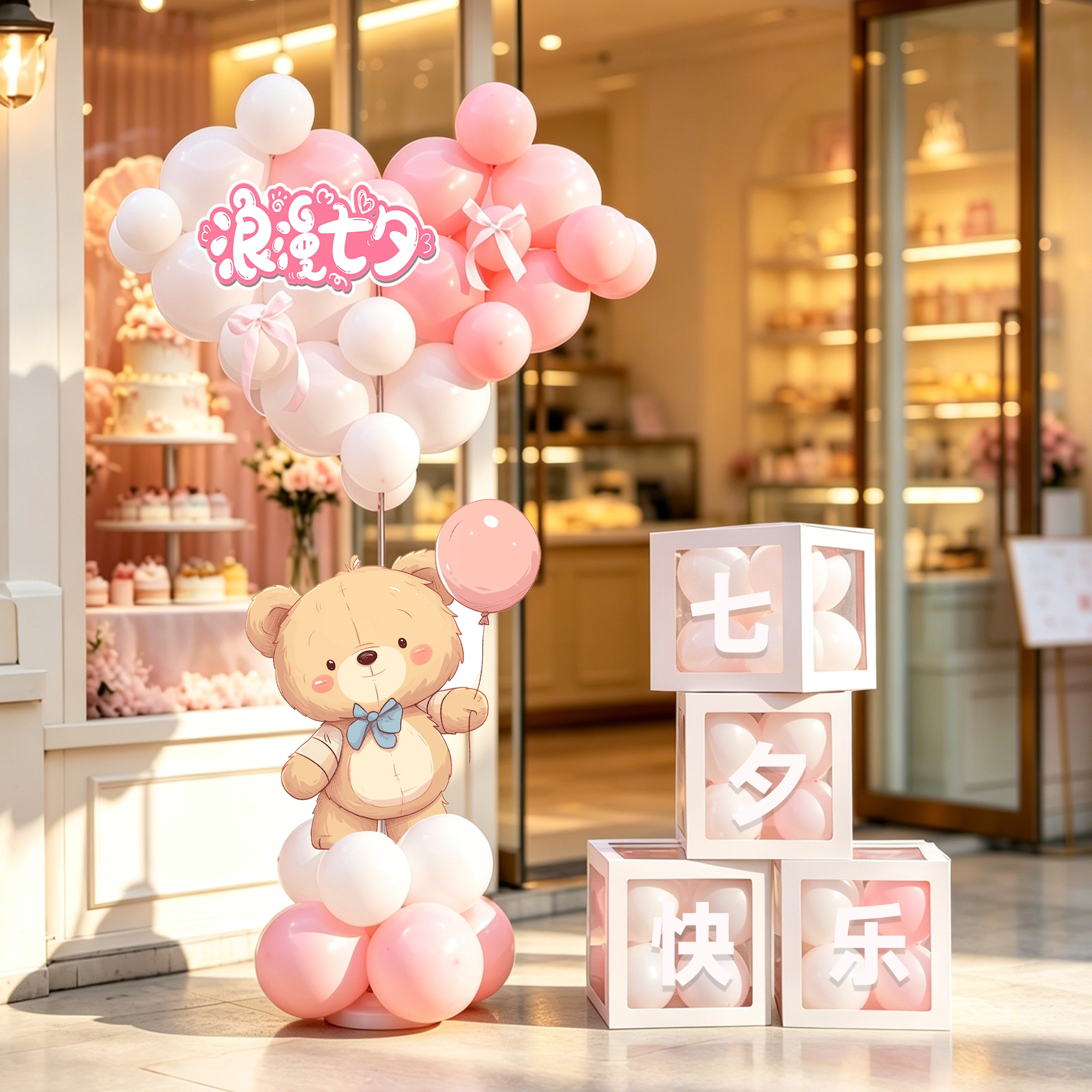 七夕节布置告白惊喜布置爱心气球立柱珠宝店4s店活动氛围场景装饰