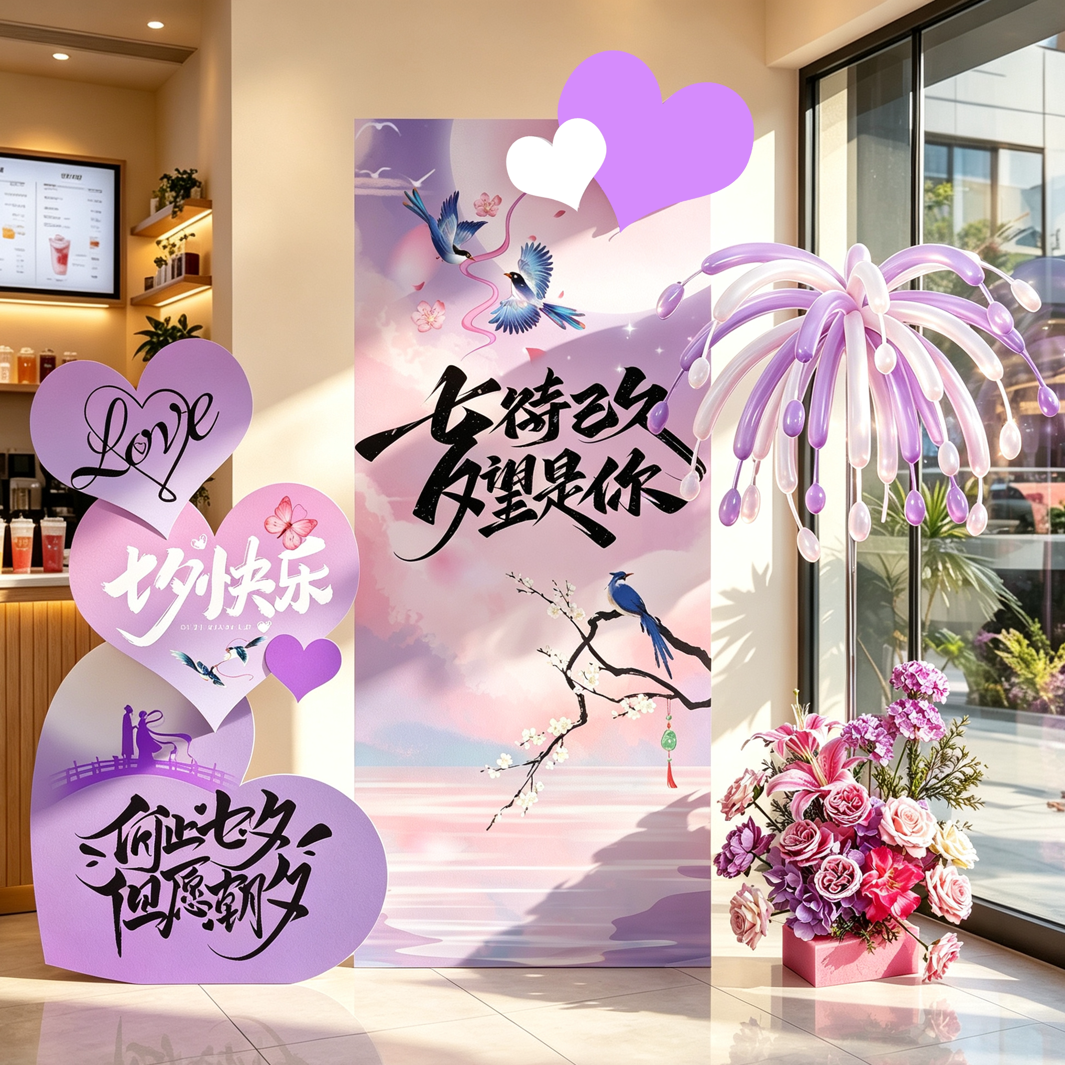 七夕情人节氛围布置场景装饰摆件立牌珠宝店铺活动打卡背景墙kt板