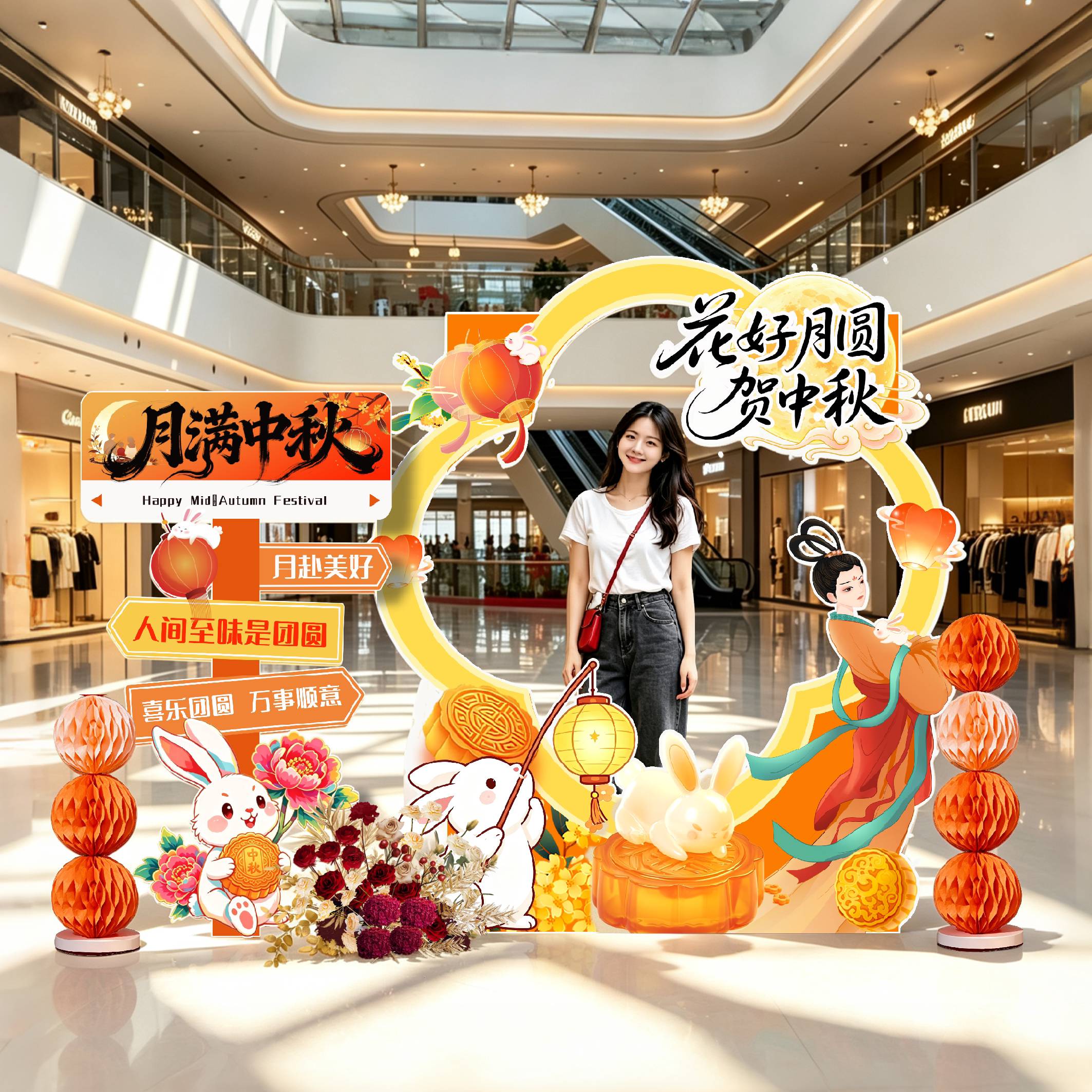 2026中秋节场景布置节日氛围装饰商场店铺活动拍照美陈背景墙kt板