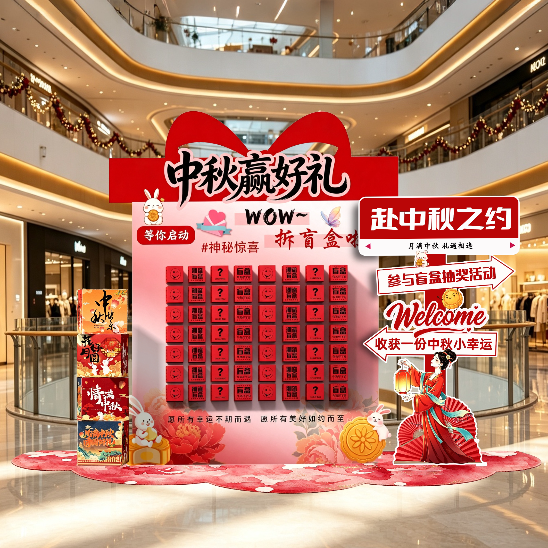 中秋国庆节氛围装饰布置商场店铺活动互动幸运盲盒抽奖背景墙kt板