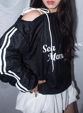 美式复古球衣套头甜酷设计感斜肩街头蝴蝶结条纹宽松卫衣