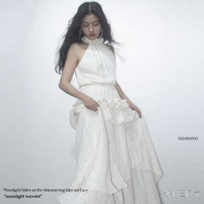 moonlight wavelet;原创设计法式度假风时尚挂脖荷叶边连衣长裙