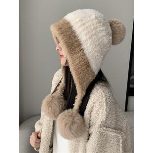 毛绒雷锋帽子女秋冬新显脸小加绒加厚针织吊球毛线帽保暖护耳