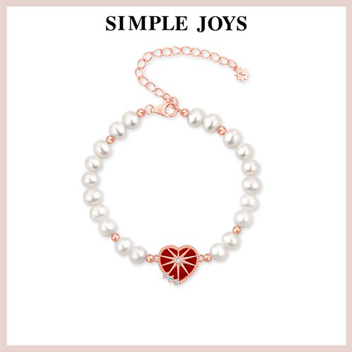 红运聚财 SIMPLEJOYS简单快乐桃红心辰珍珠手链925银复古红玛瑙