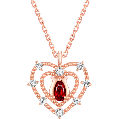 复古红宝石爱心玫瑰项链女925银