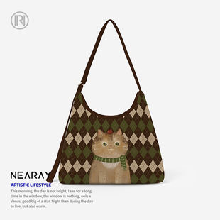 尼睿新款 原创大容量复古格纹帆布包可爱猫咪日常休闲通勤斜挎包AI