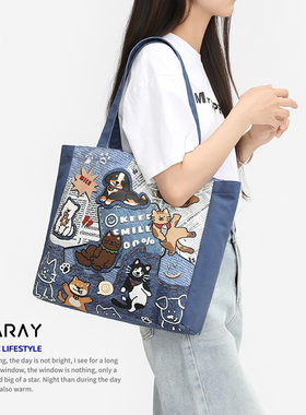 尼睿新款原创大容量可爱狗狗单肩包时尚潮流牛仔印花帆布包Q186