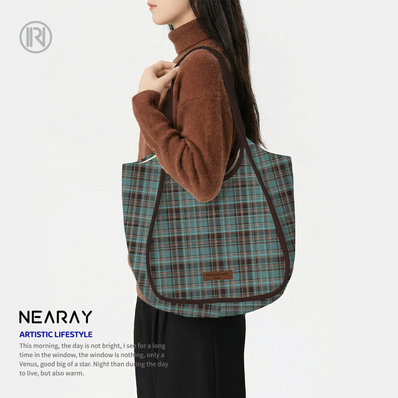 尼睿复古格纹大容量托特包