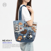尼睿2025新款 包包女牛仔印花单肩包可爱帆布包大容量拉链包Q186