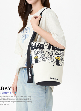 尼睿新款原创黑白搞怪涂鸦大容量水桶包简约百搭时尚帆布包Z010